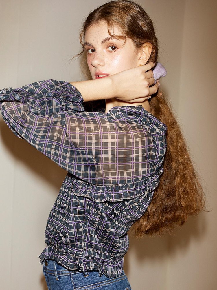 Glitter Check Ruffle Blouse