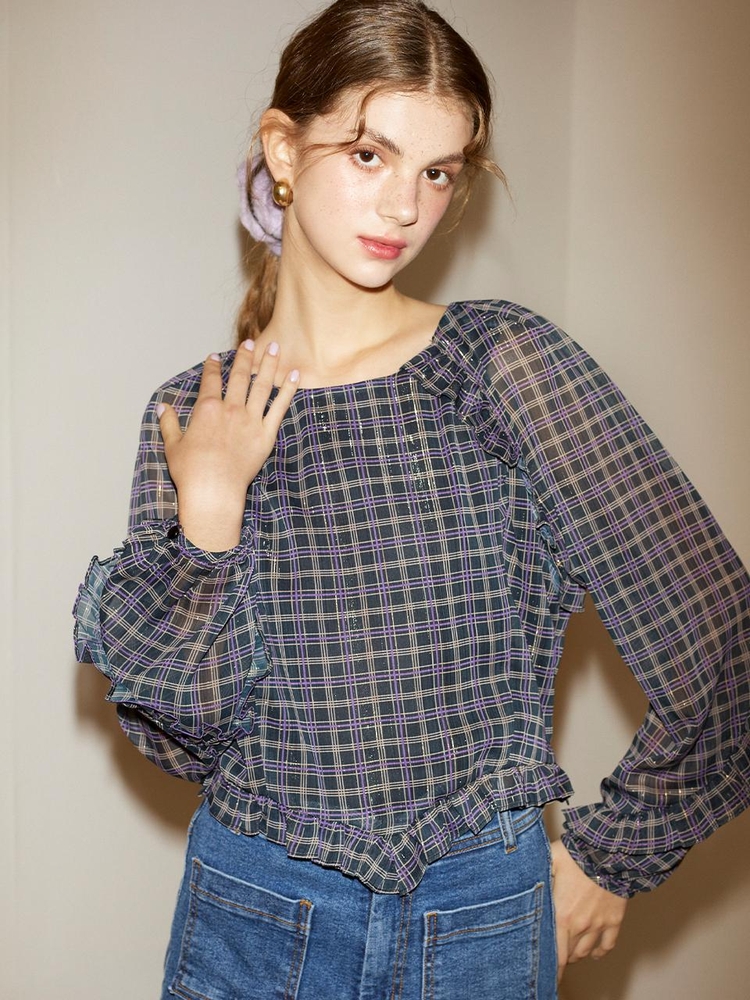 Glitter Check Ruffle Blouse