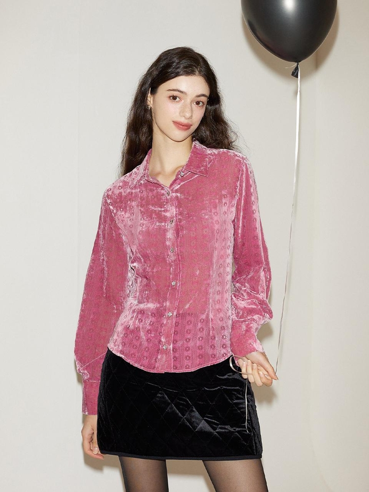 Balloon Sleeve Velvet Blouse_ Pink