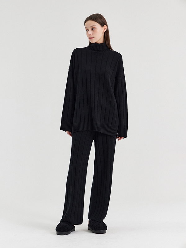 ANSELMO WIDE STRAIGHT RIBBED TROUSERS_NERO