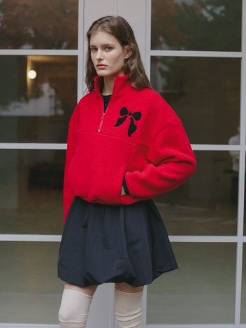 RIBBON FLEECE HALF ZIP-UP_RED