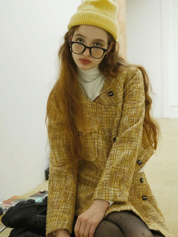 Cest_Autumn sense gentle preppy jacket and skirt set_MUSTARD