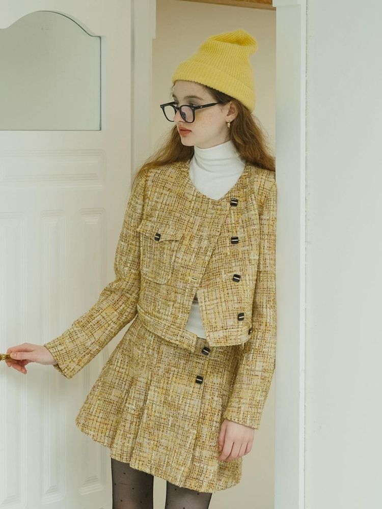 Cest_Autumn sense gentle preppy jacket and skirt set_MUSTARD