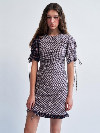 Puff Sleeve Cut-out Detail Dress CHECK WBCSOP003CK