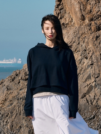  LAYERED COTTON CROP HOODIE NAVY