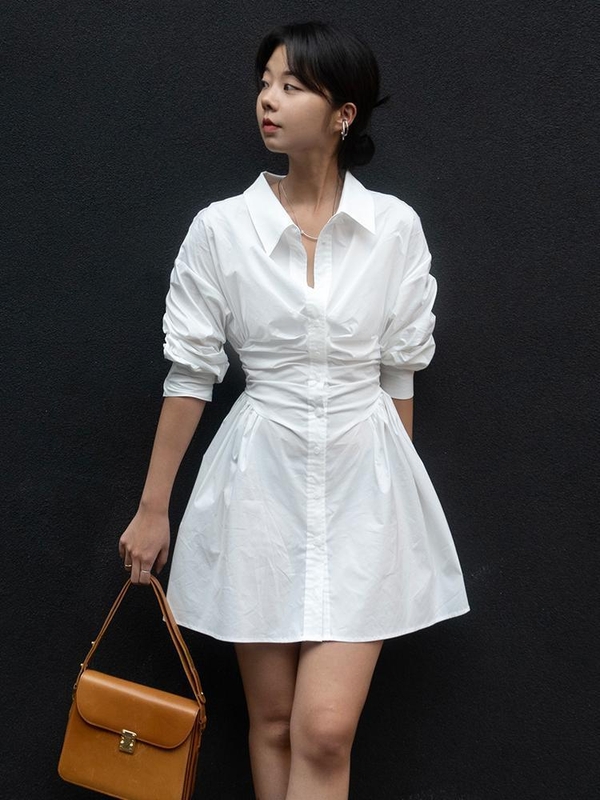 VOLUME SHIRRING SHIRT DRESS WHITE MBCSOP002WH