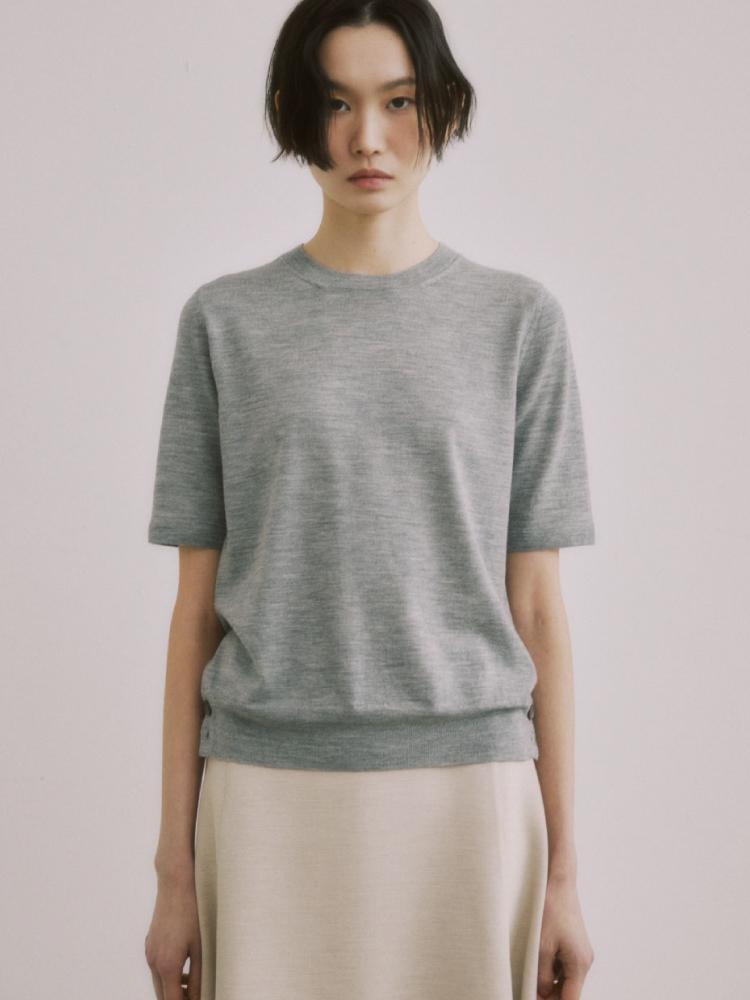 GREY SIGNATURE WOOL HALF SLEEVE KNIT TOP