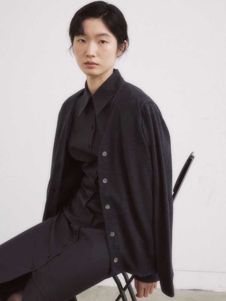 CHARCOAL WOOL WOVEN LINING CARDIGAN