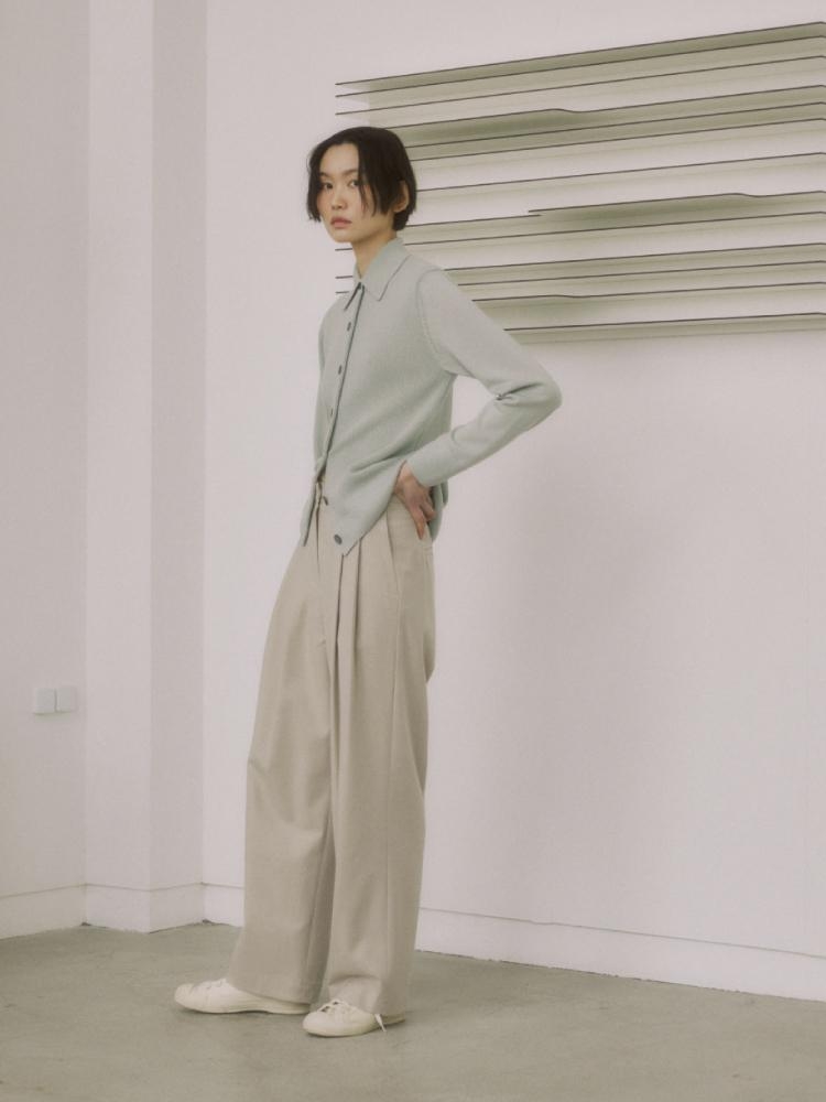 BEIGE WOOL BLEND WIDE PANTS