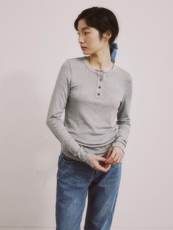 GREY HENLEY NECK JERSEY TOP