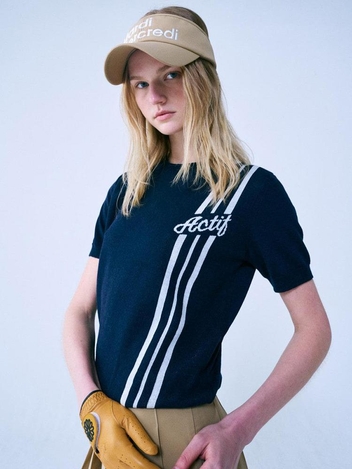 JACQUARD KNIT TOP HALF SLEEVE VERTICAL STRIPE_NAVY IVORY