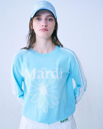STRIPE SLEEVE MARDI FLOWER KNIT PULLOVER_SKY IVORY