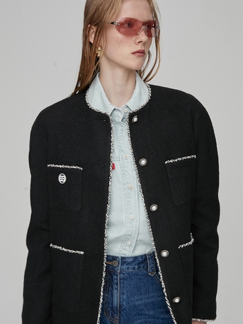 TWEED TRIMMING SINGLE JACKET - BLACK