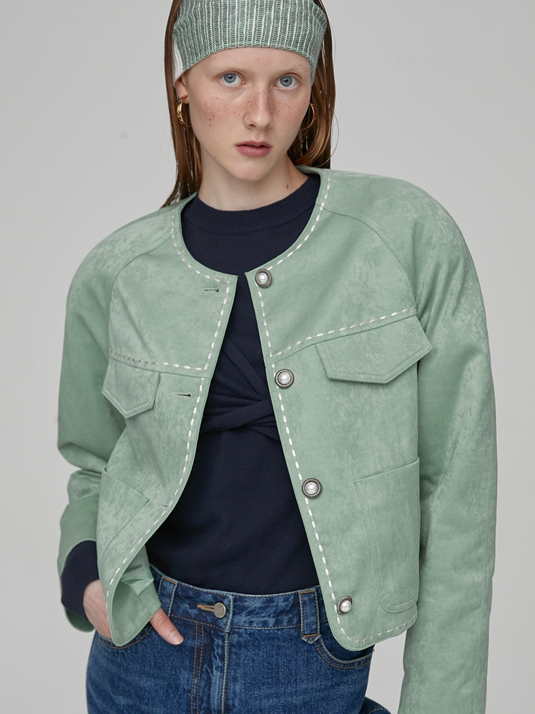 LINE STITCH CROP JACKET - GREEN