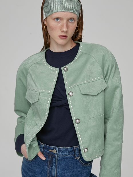 LINE STITCH CROP JACKET - GREEN