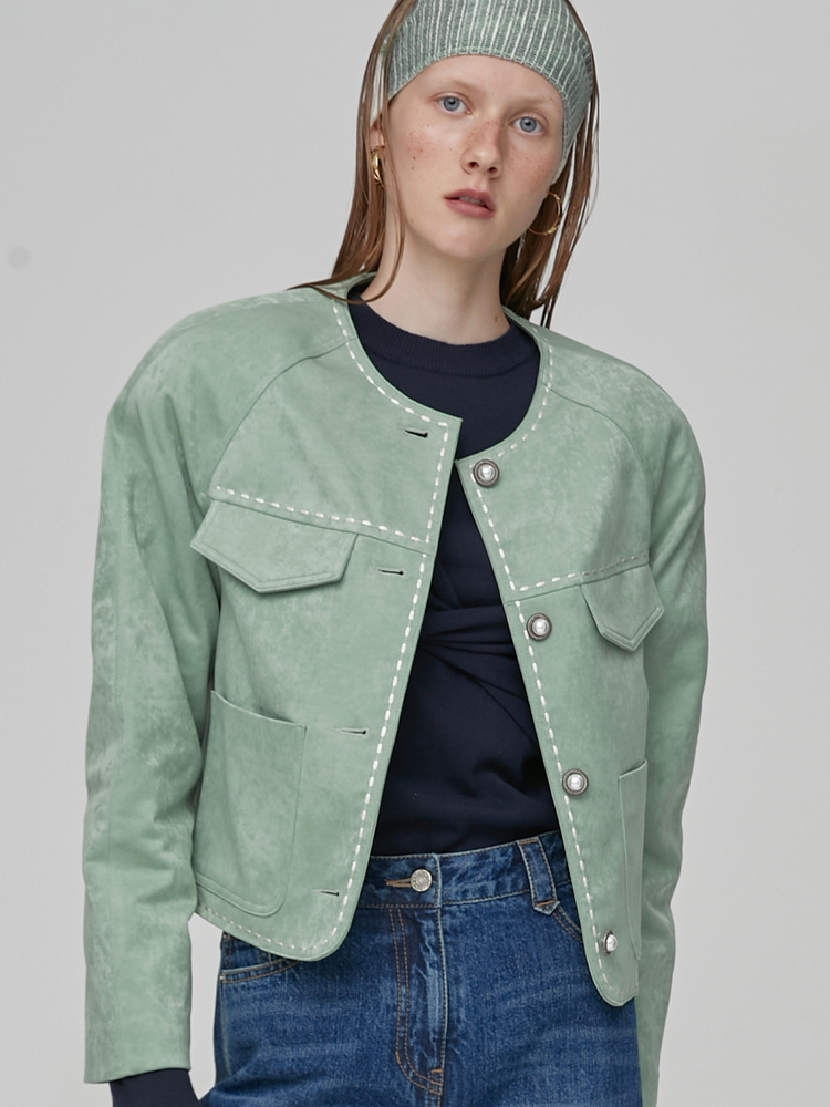 LINE STITCH CROP JACKET - GREEN