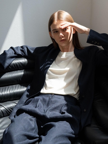 CO LINEN COLLARLESS JACKET_NAVY