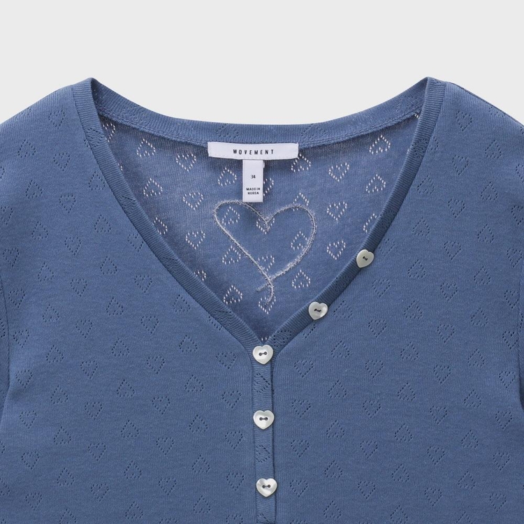 Heart Button Point V-Neck Top Blue WBBSTP017BL