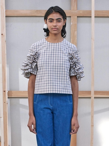 [22SS] Frill Sleeve Detail Blouse - Check