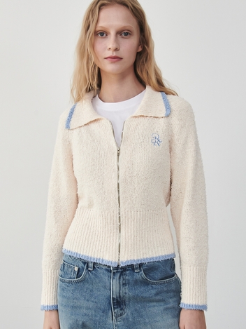 BOUCLE COLLAR ZIP UP KNIT CARDIGAN IVORY