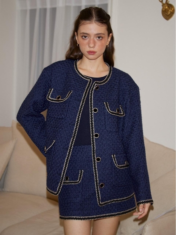 Trimming Tweed Jacket_ Navy