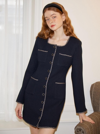 Square Neck Tweed Jacket Dress_ Navy