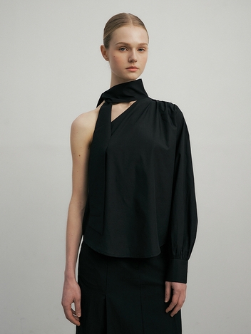 Silk one shoulder tie blouse (black) 