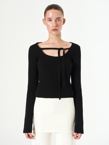 TIED NECKLINE KNIT TOP_BLACK