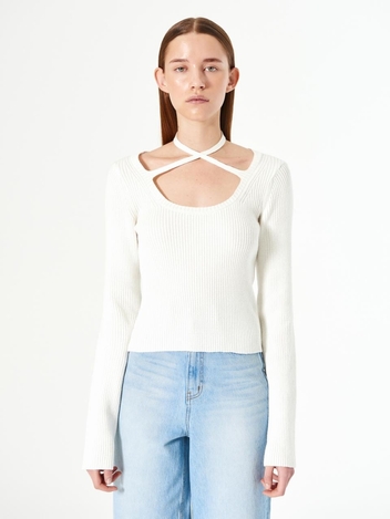 TIED NECKLINE KNIT TOP_IVORY