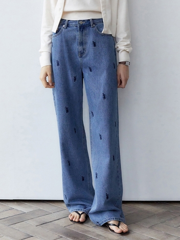 LOGO EMBROIDERY PATTERN DENIM PANTS_MIDDLE BLUE