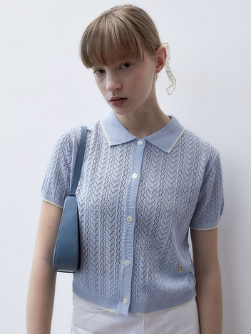 LINE POINT PUNCHING HALF SLEEVE COLLAR CARDIGAN _SKY BLUE