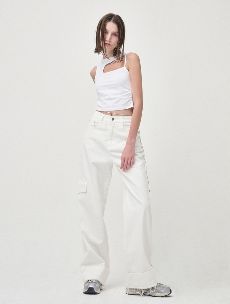 Pocket Denim Turn Up Pants, White