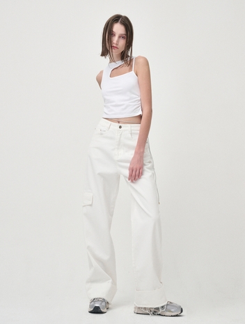 Pocket Denim Turn Up Pants, White