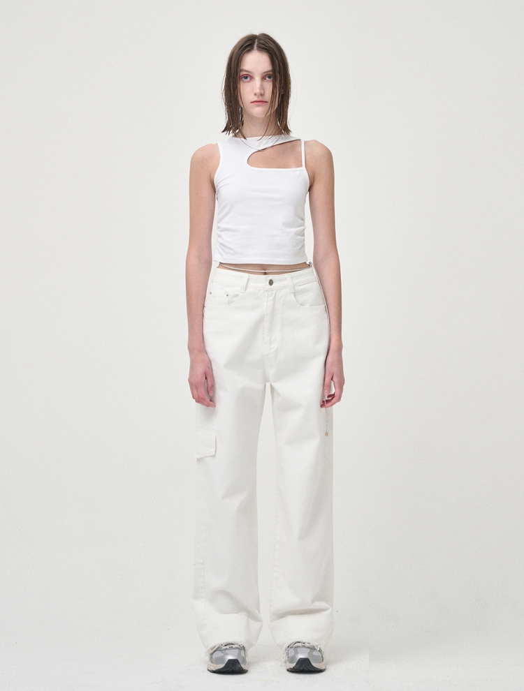 Pocket Denim Turn Up Pants, White