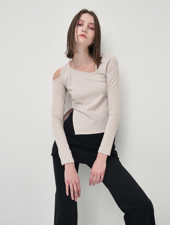 Shoulder Cut Out T-Shirt, Beige