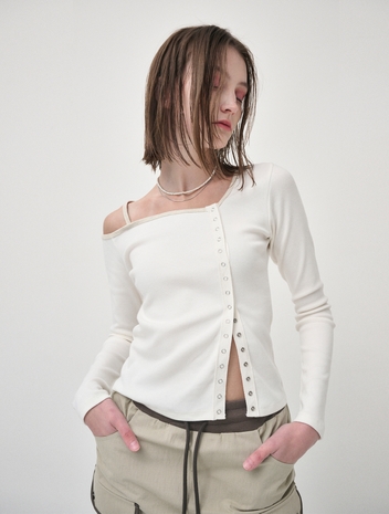 One Off Shoulder Snap T-Shirt, Ivory