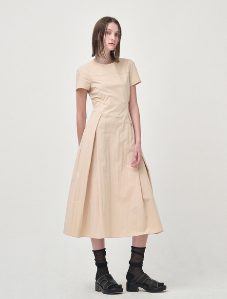 Side Shirring Pintuck Dress, Yellow Beige