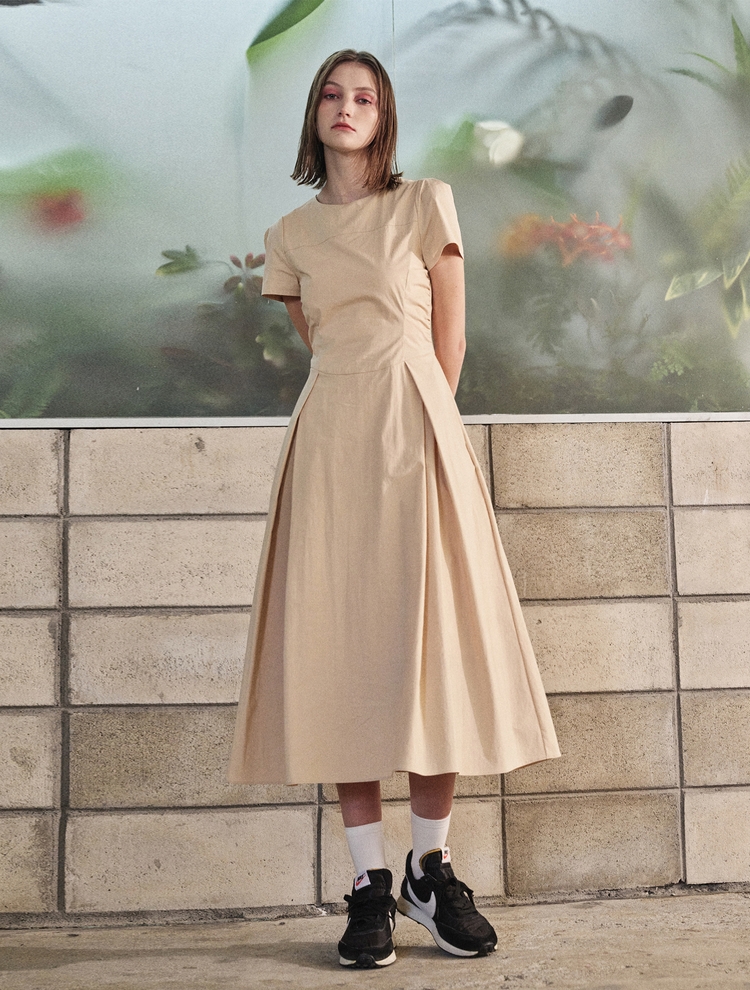 Side Shirring Pintuck Dress, Yellow Beige