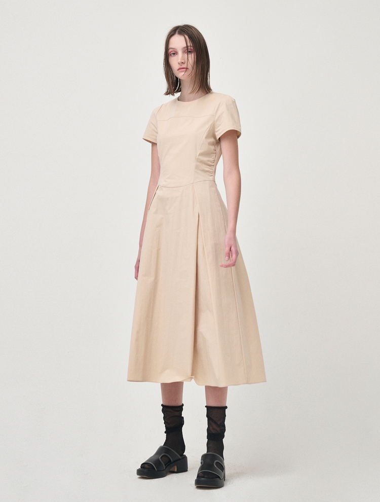 Side Shirring Pintuck Dress, Yellow Beige