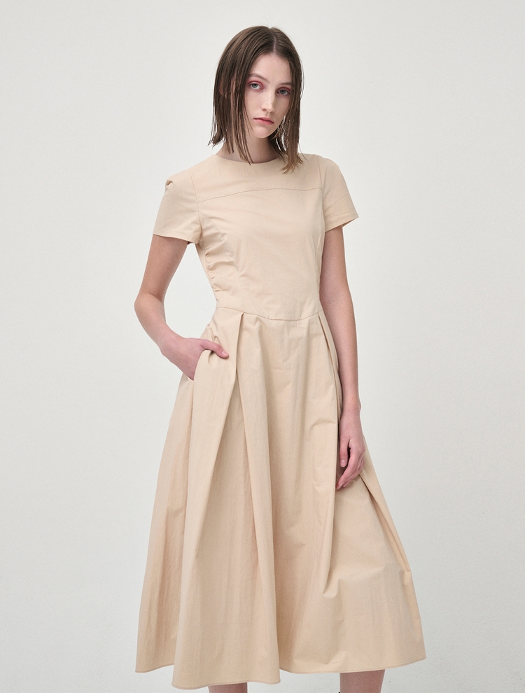 Side Shirring Pintuck Dress, Yellow Beige