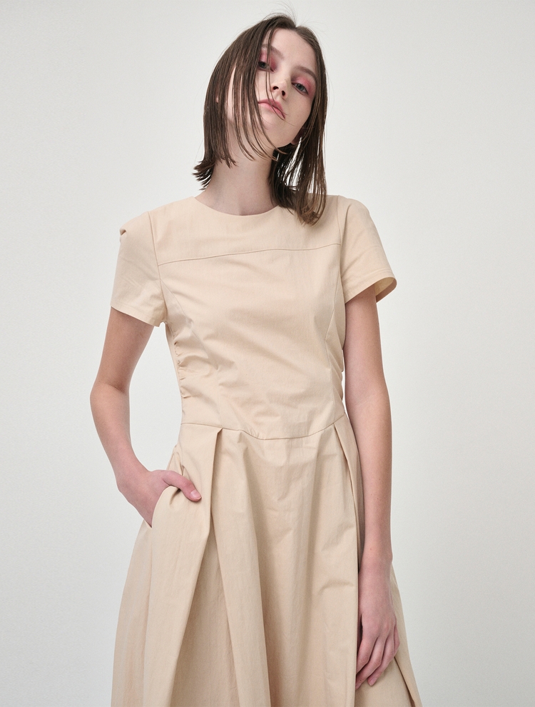 Side Shirring Pintuck Dress, Yellow Beige