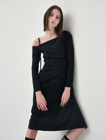 One Off Shoulder Shirring dress, Black