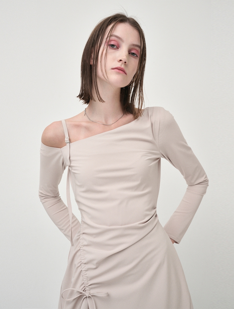 One Off Shoulder Shirring dress, Beige 