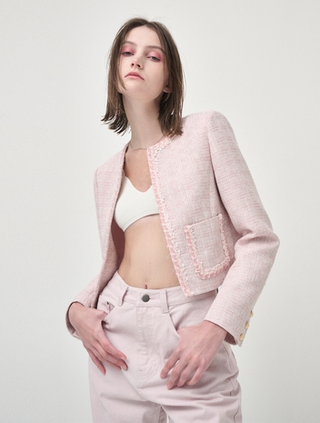 Trimmed Hook Tweed Jacket, Pink