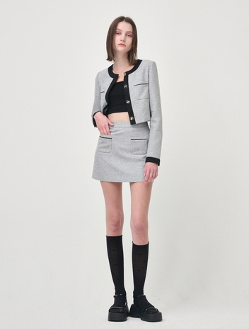 Piping Pocket Tweed Mini Skirt, Black