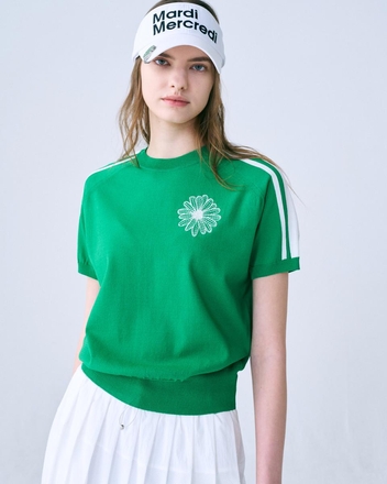 STRIPE SLEEVE KNIT TOP HALF SLEEVE_GREEN IVORY