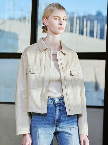 [HUNCH] [립제이 착용]Faux leather zip up jacket (Light beige)