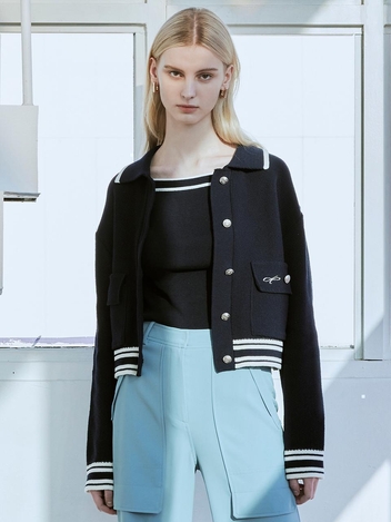 [HUNCH] Stand collar strip matching cardigan (2color)