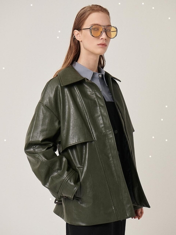 [HUNCH] ZIP UP FAKE LEATHER TRENCH JACKET