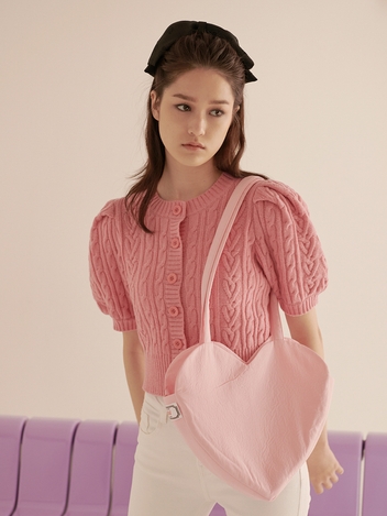 HEART KNITTED PUFFY CARDIGAN - PINK
